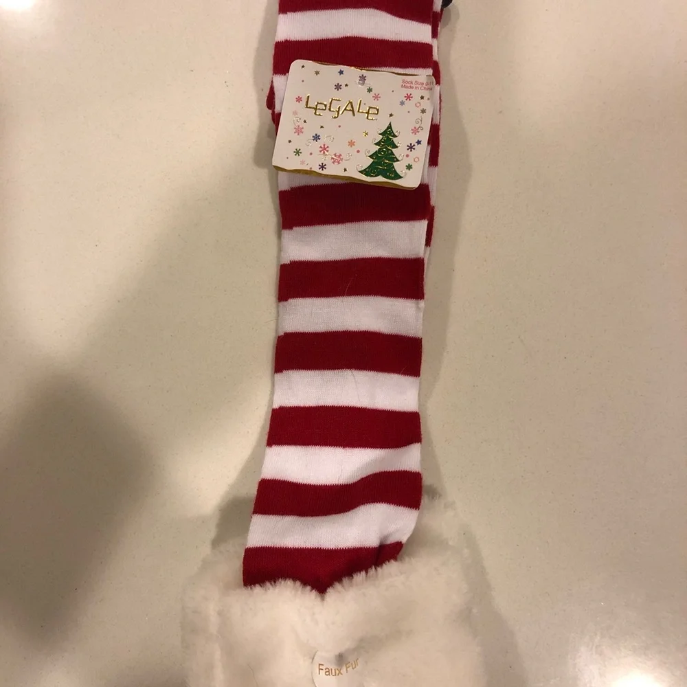 SUPER CUTE!!! Christmas Holiday Red White Striped Socks Faux Fur